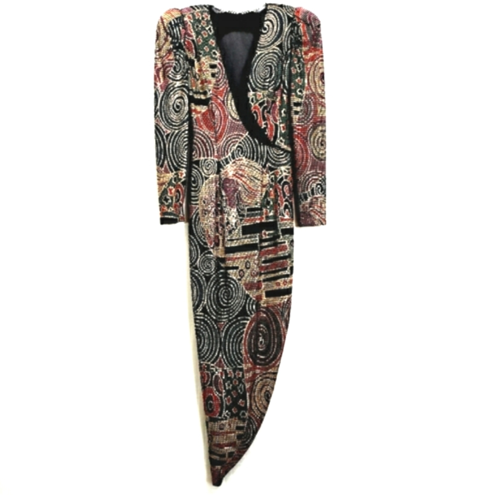 Vintage Cache Metalic Asymmetrical Illusion Plunge Neck Metalic Beaded Maxidress - Picture 16 of 16